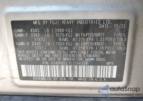 2014 Subaru Outback 2.5I Premium from USA, damaged, VIN 4S4BRBCC1E3264359